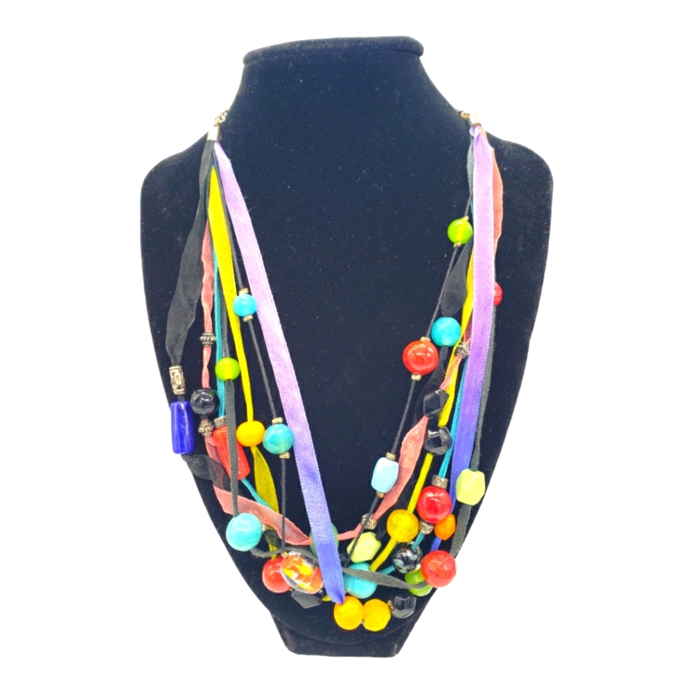Multi-strand Ribbon Multicolor Beaded Necklace